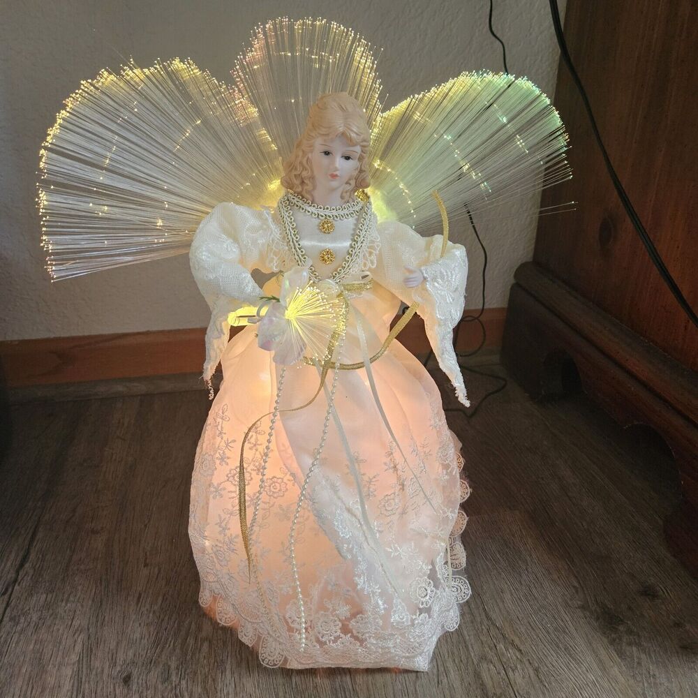 Kurt Adler Cream/Gold Fiber Optic Led Angel Tree Topper Color Changing Tested